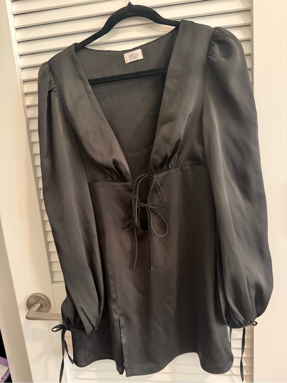 Oh Polly Black Satin Mini Dress with Deep V and Puff Sleeves